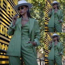 Green Striped 3Pcs Women Suits Ladies Business Workwear Jacket Evening Outfits