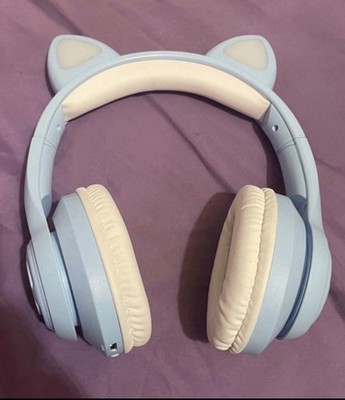 Bluetooth Light Blue Cat Ear Over-Ear Headphones for iPhone, Double Earpieces