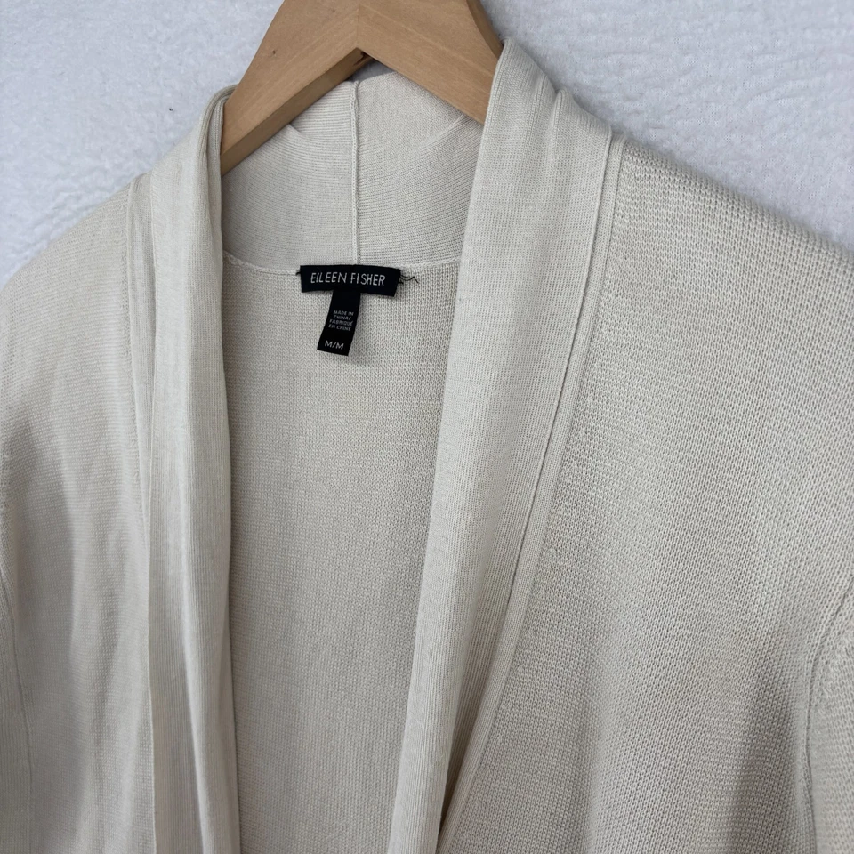 Suéter EILEEN FISHER M Cárdigan Seda Algodón Orgánico Mantón Frente Abierto Hueso Blanco Foto 4 de 4