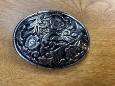 Oval Black and Silver Tone Floral Belt Buckle