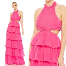 Mac Duggal High Neck Cut Out Tiered Skirt Maxi Gown NWT Fuchsia Pink Size 4
