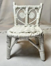 6 IN HIGH WICKER WHITE PAINTED WOOD DOLL CHAIR WITH 3IN HIGH SEAT