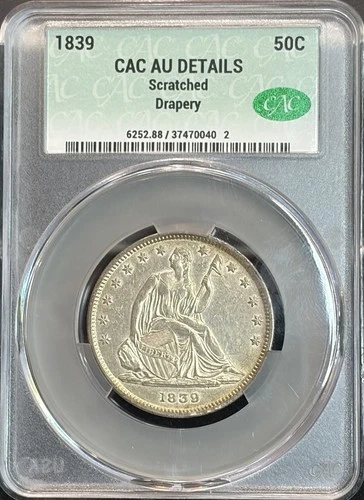 1839 Seated Liberty Half With Drapery AU Details Beautiful Toning & Strike