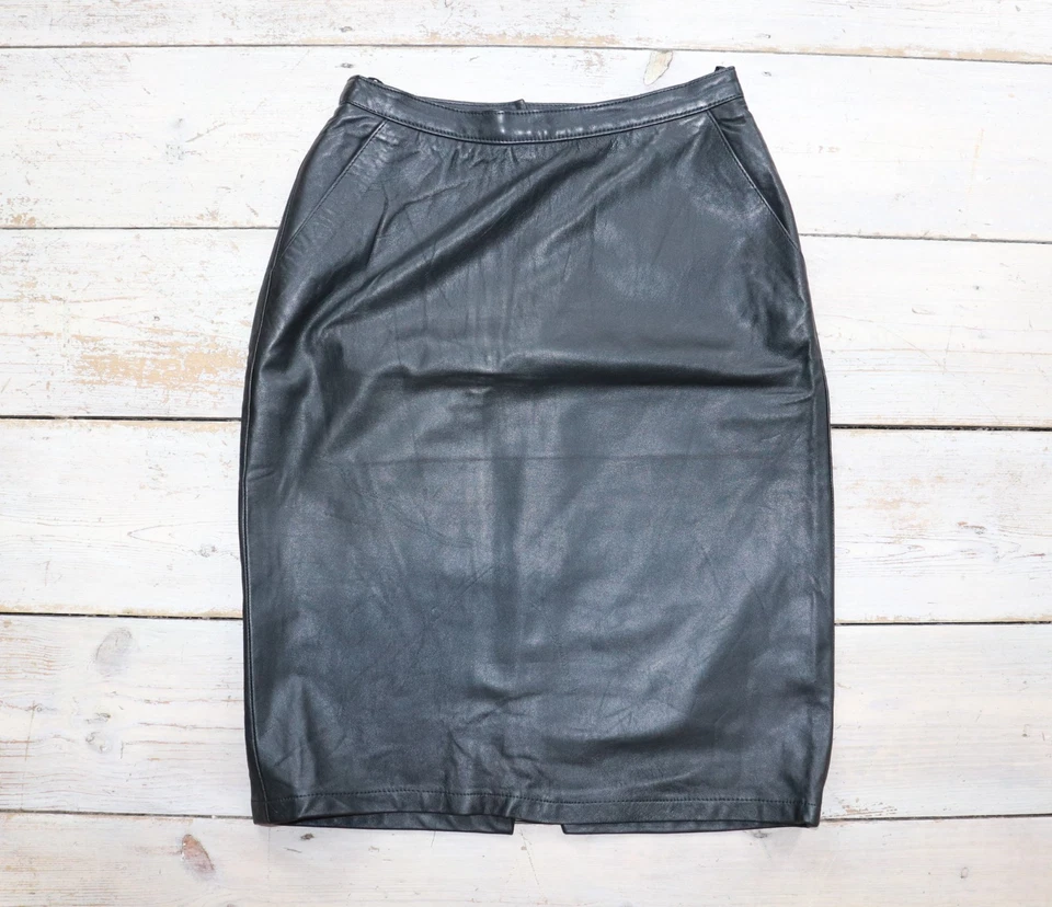 Women's Vintage Black Soft 100% Leather Straight Pencil Lined Midi Skirt UK8 W26 - Image 3 of 4
