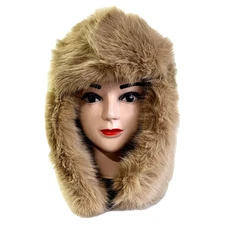 Women Winter Warm Fluffy Faux Fur Hat Earflap Russian Furry Trapper Hat - Tan