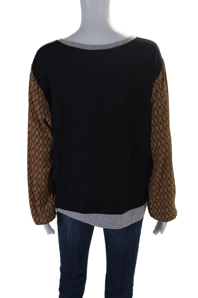 Camisas femininas Drew manga longa gola redonda com acabamento estampado cinza marinho marrom grande - Imagem 3 de 4