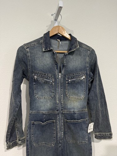 Free People Stretch Denim Jumpsuit Women's Size S Coveralls Dirty Blue Finish - Picture 2 of 8