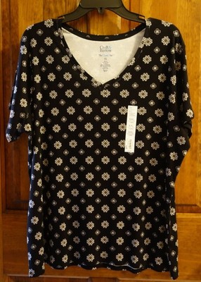 Women's Croft & Barrow Short Sleeve Tee Black Flower Design V-Neck Size XXL NWT