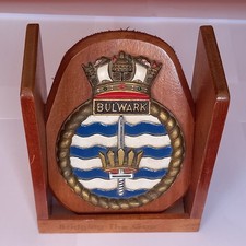 'BULWARK' WOODEN SHEILD WALL PALQUE, IN DISPLAY STAND & SIGNATURES OF CREW