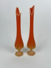 Pair of Vintage L.E. Smith MCM Orange Bittersweet Swung Ribbed Slag Glass Vases