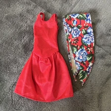 Vintage Barbie Clothes Pretty Choices #4119 Fashion 1987 Red Dress Floral Scarf