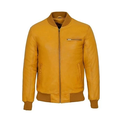 Men's Mustard Yellow Real Leather Bomber Jacket Rib Knit Zip Up Casual Coat Gift - product listing photo