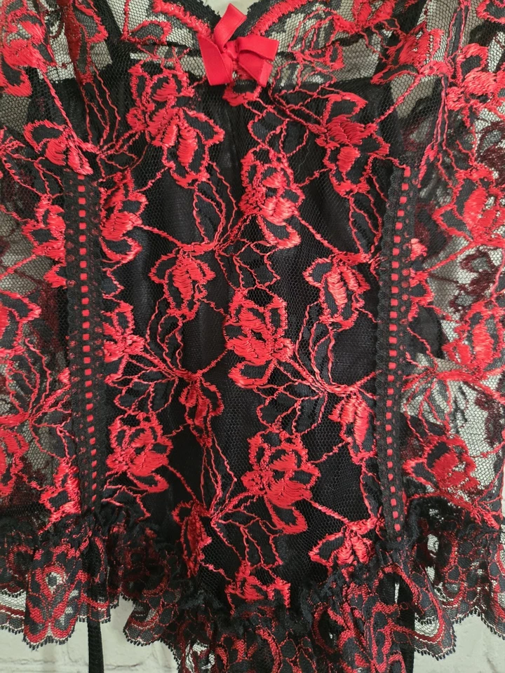 VTG 80s BLISS NY Camisole Basque Red Black Lace Garters Lingerie L Made In USA - Image 3 of 4