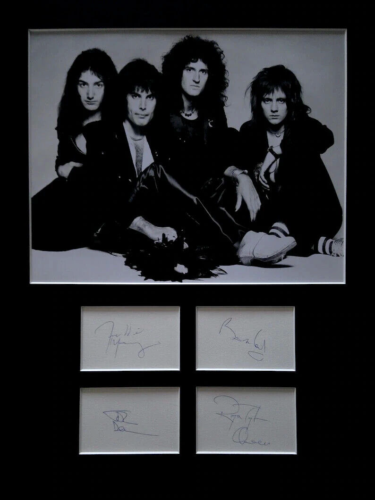 QUEEN AUTOGRAPHS photo display Freddie Mercury Brian May Roger Taylor - Picture 1 of 2