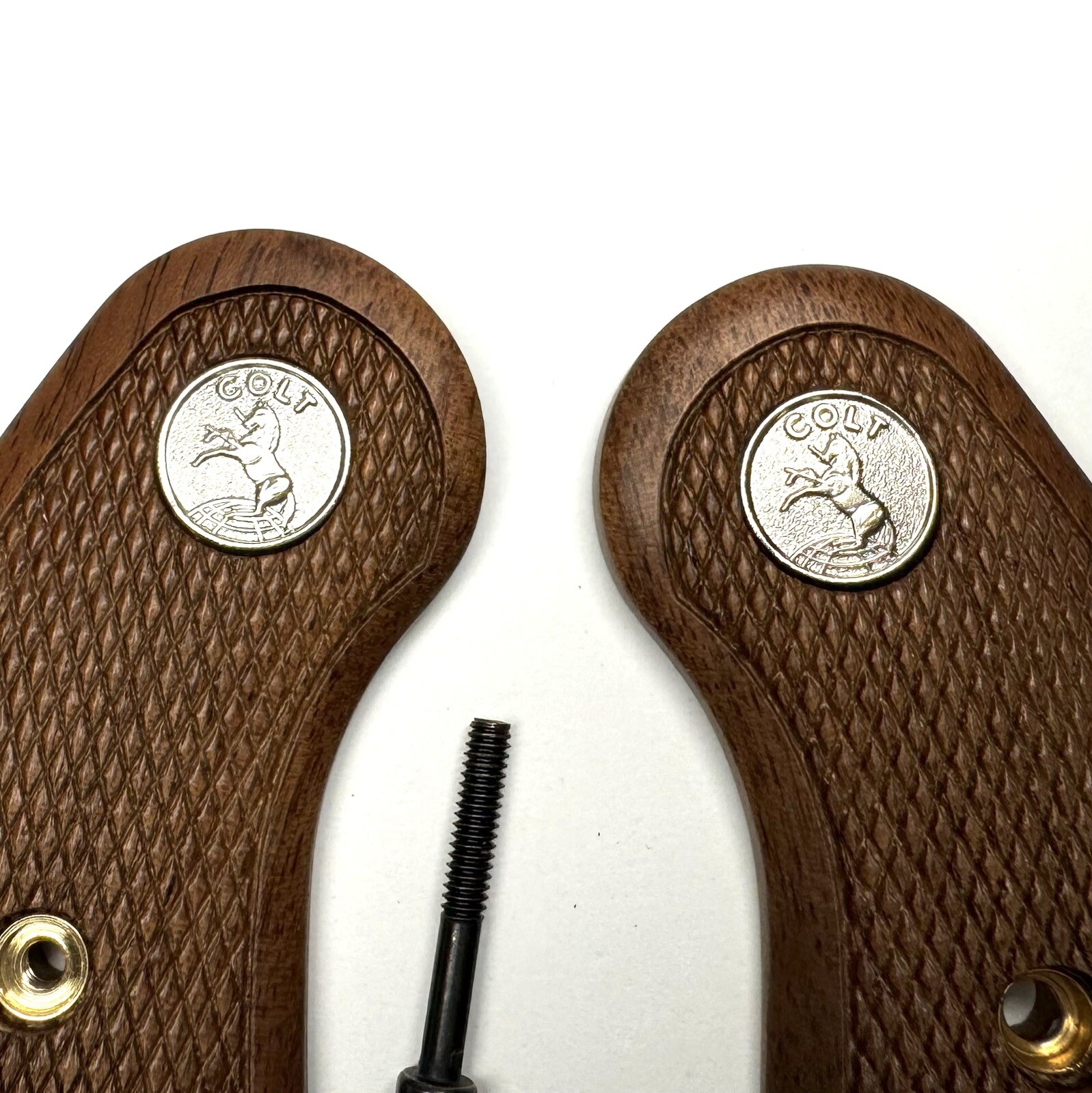 New Factory Colt Python Altamont Checkered Wood Grips W/Silver Colt Medallions