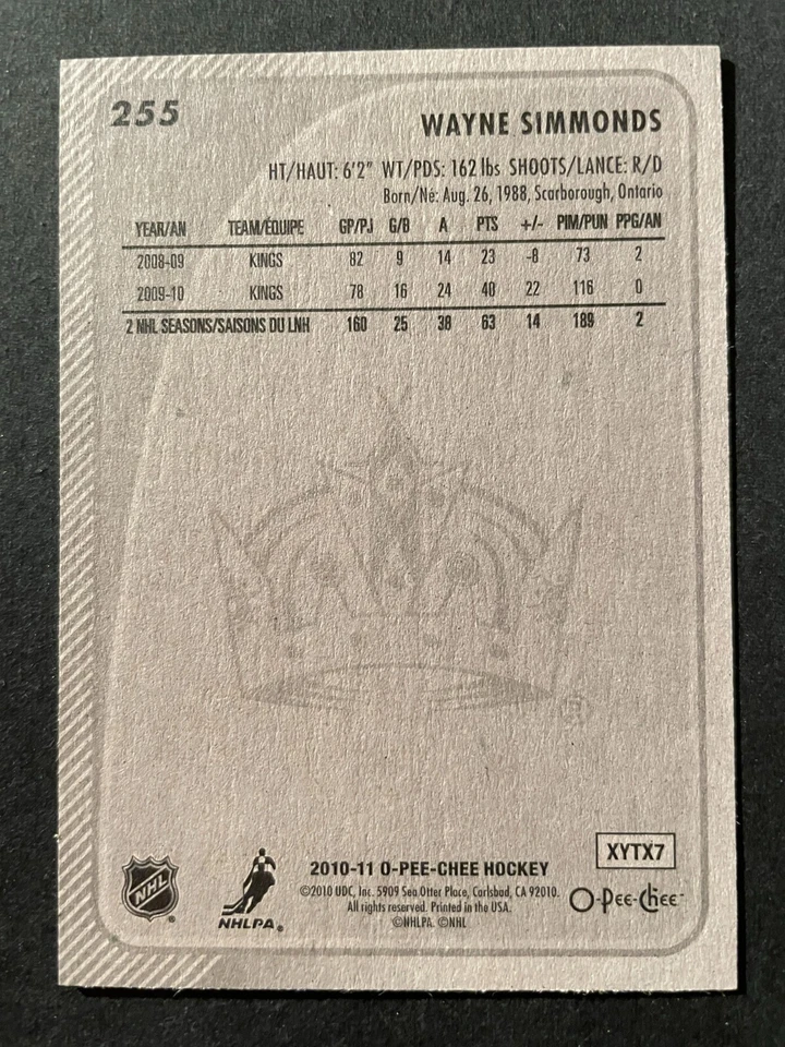 Wayne SIMMONDS 2010-11 O-Pee-Chee Hockey #255 Los Angeles Kings - Image 2 of 2