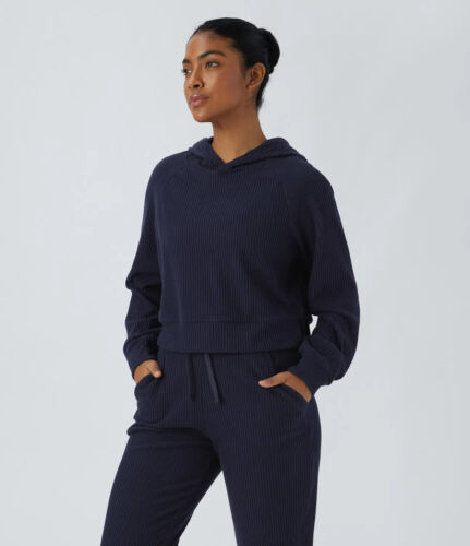 Halara Women's Size Large Blue Drop Shoulder Cropped Ribbed Hoodie Sweatshirt