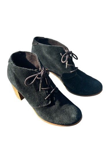 Tom's Brushed Suede Bootie Size 9 Black Lace Up Chunky 3" Wood Heel - Imagen 4 de 10