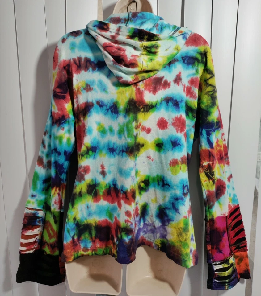Karma Circle Women Small Med Multicolor Zip Hoodie Tie Dye Embroider BOHO Hippie - Image 4 of 4