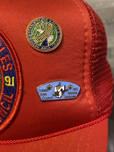 Vintage 1991 Red Boy Scout Trucker Hat With Pins Toledo Area Council - Picture 5 of 14