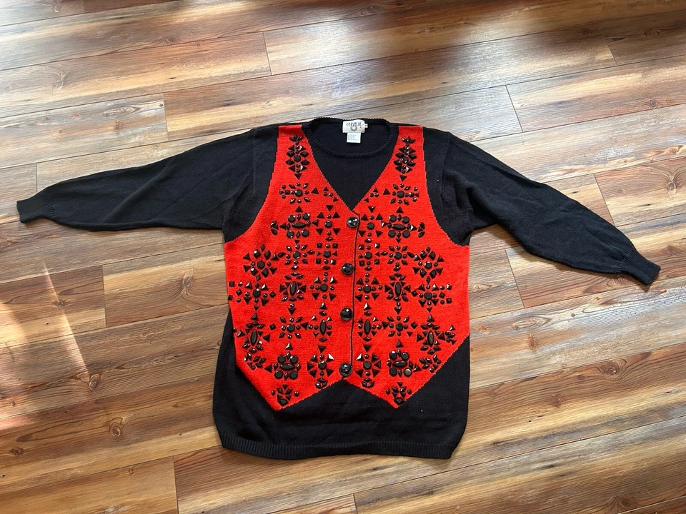 Chaleco Suéter Navidad Cervelle Negro Rojo Lentejuelas Cuentas Años 80 Vacaciones Vintage XL Foto 3 de 4