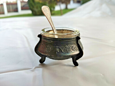 Vintage Silverplated, Melchior Salt Shaker/Mustard Pot&Gilded Spoon, USSR 1950's