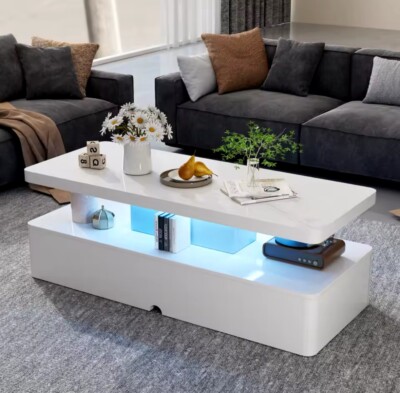 Modern Coffee Table with 16 Colors LED Double Layer Design