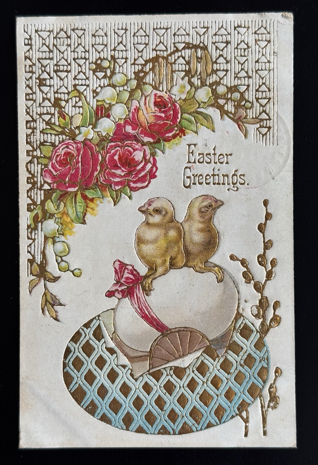 Antique 1908 Embossed Easter Postcard Chicks Egg Roses German