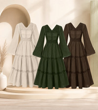 Women's Medieval Victorian Renaissance Lace Trim Long Sleeve Square Neck Dress