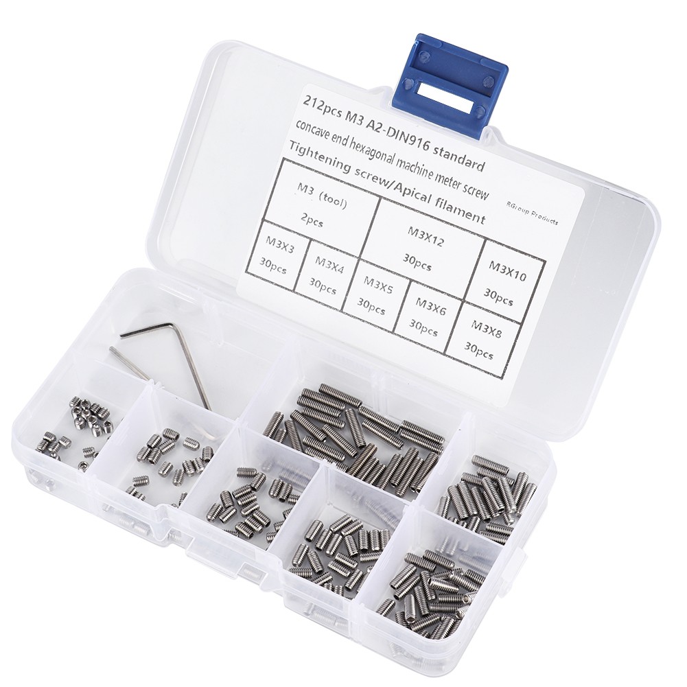 212Pcs Grub Screws M3 A2-DIN916 Inner Hex Concave End Tighten Screw Headless☜