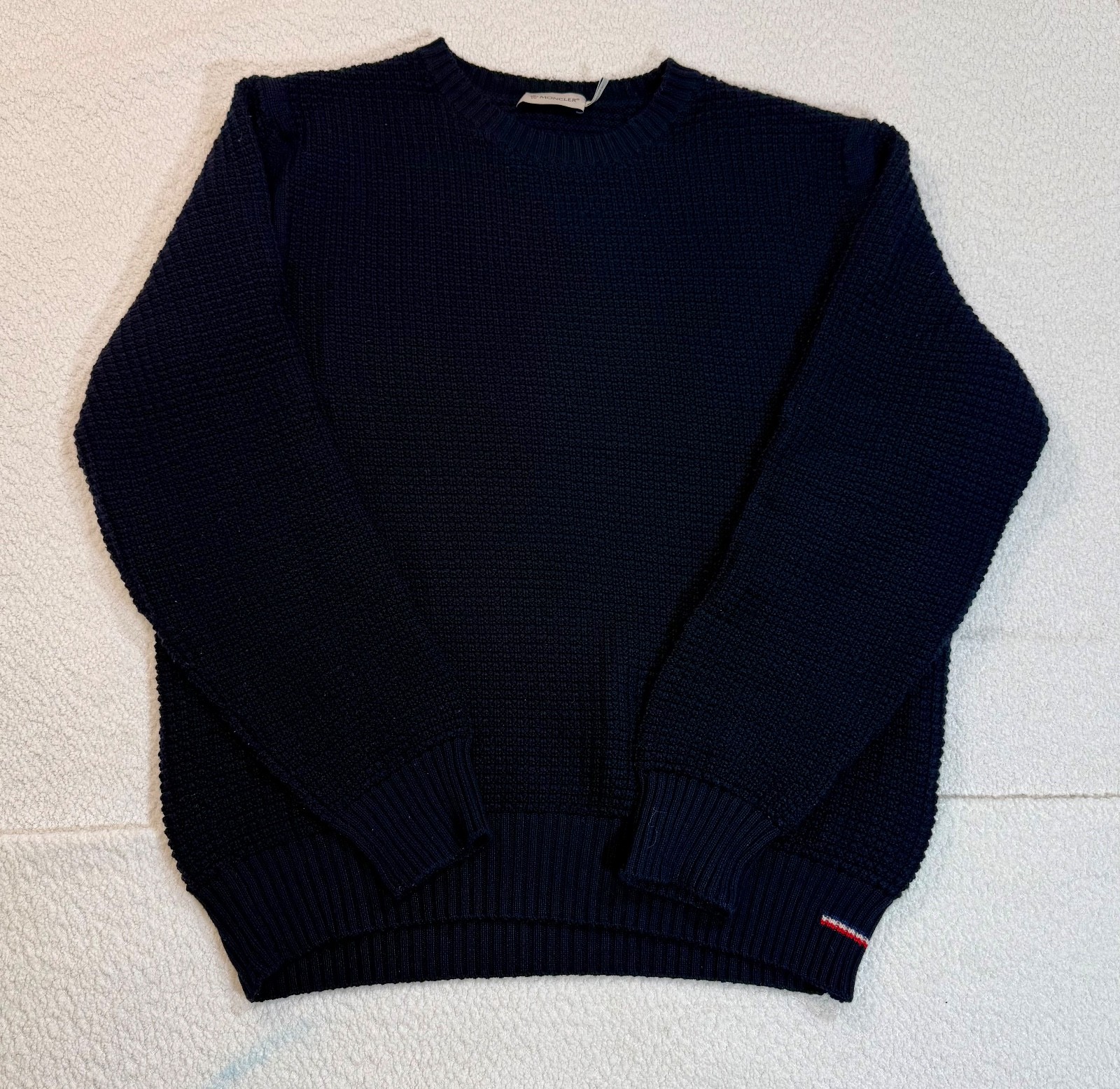 Moncler Navy Textured Crewneck Wool Sweater Luxury Size L Designer Classic
