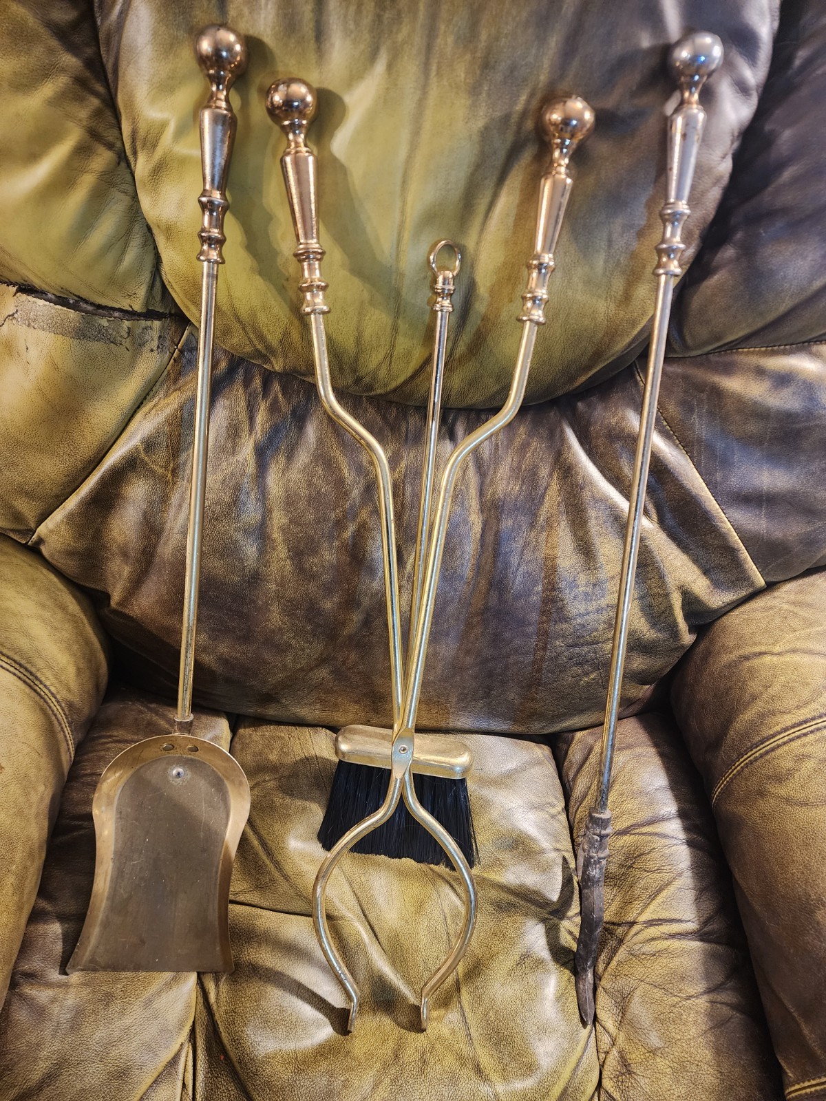 HumeWell VTG Brass & Wrought Iron Heavy Fireplace Tool Set/Companion 5 Pc NICE!!