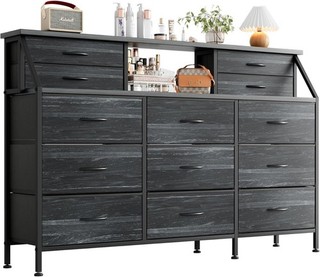 Bedroom Dresser Brown Rustic Wood 13 Drawers 55" Wide 2 Shelves FOR AUCTION