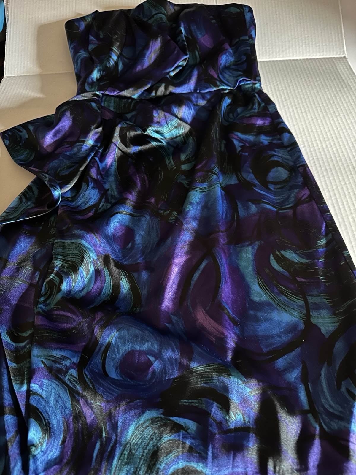 Strapless Blue Purple Black Swirl Print Dress Size 6 Maggy London Lined