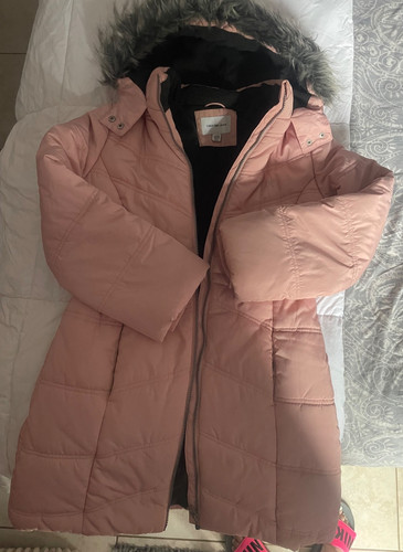 Calvin Klein Jeans Women's Large Long Puffer Coat Pink Faux Fur Hood Winter Jack