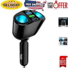 Compact 20W Dual USB Car Charger with LED Voltmeter & 2-Socket Cigarette Outlet