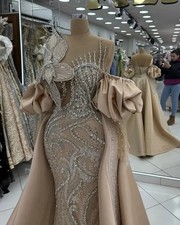 Champagne Long Sleeves Mermaid Long Prom Party Dress With Detachable Train 2025