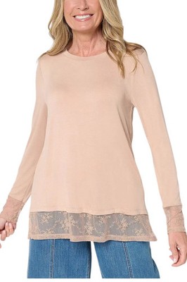 LOGO Layers by Lori Goldstein Women's Long Slv Lace Trim Top Taupe