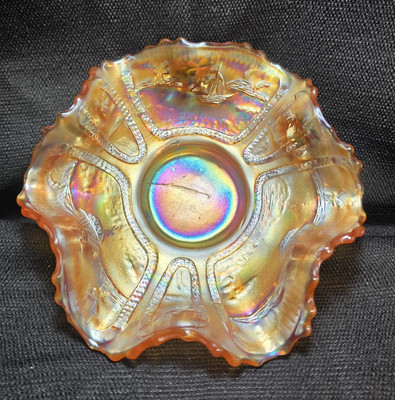 Vintage Fenton Carnival Glass Marigold Sailboats 6'' Bowl Scallop Edge E-9-8