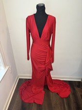 Fashion Nova Liliana Ruffle Maxi Dress Red Long Sleeve Deep V Gown Size L NWT
