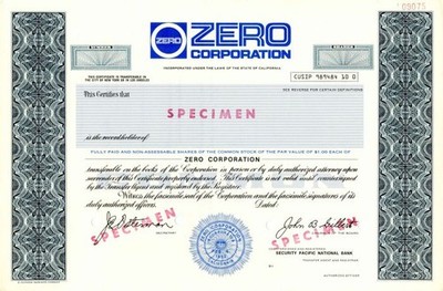 Zero Corporation - Specimen Stocks & Bonds