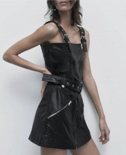 Zara leather biker dress zips collar in black size Medium brand new