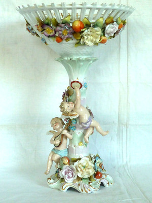 Sitzendorf Figural Comport Tisch Herzstück Korb Obstschale deutsches Porzellan