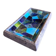 Vintage Mid Century Mosaic Stained Glass Rectangular Tray W/ Blue Green Patter