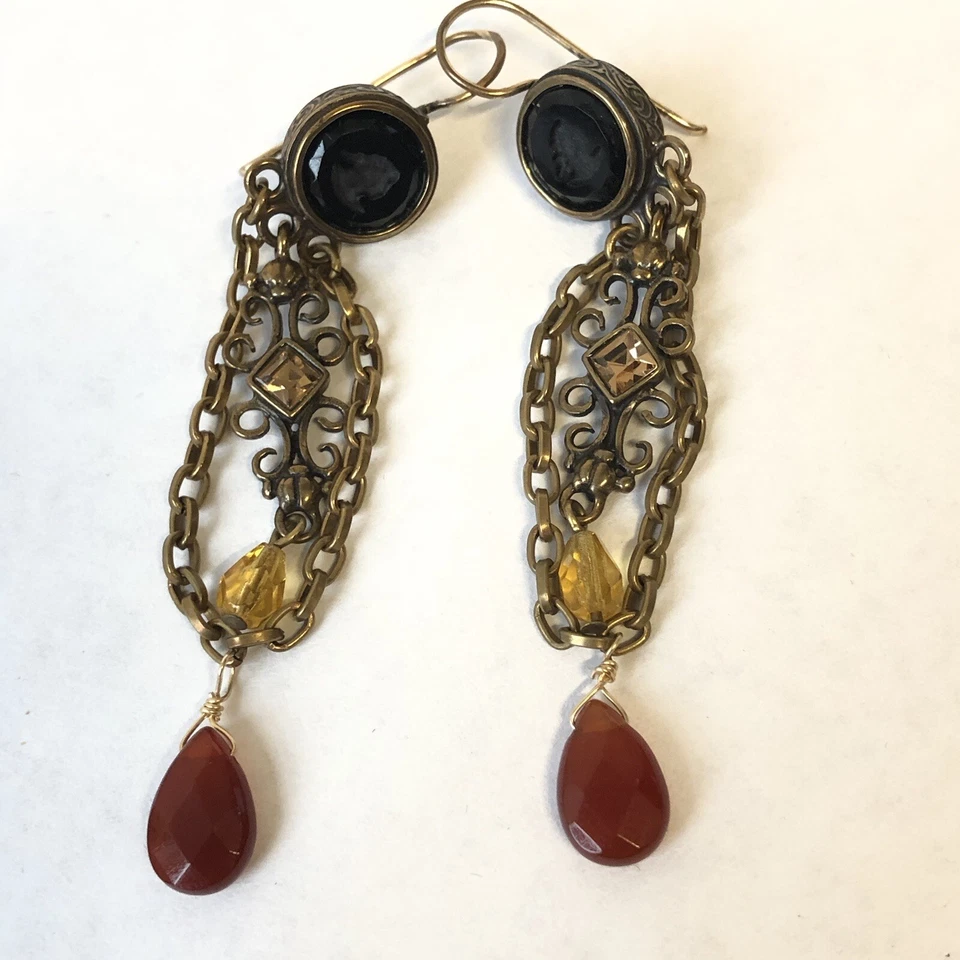 "Pendientes Extasia 3"" llamativos camafeo negro vidrio prensado con cornalina y citrino" Foto 4 de 4