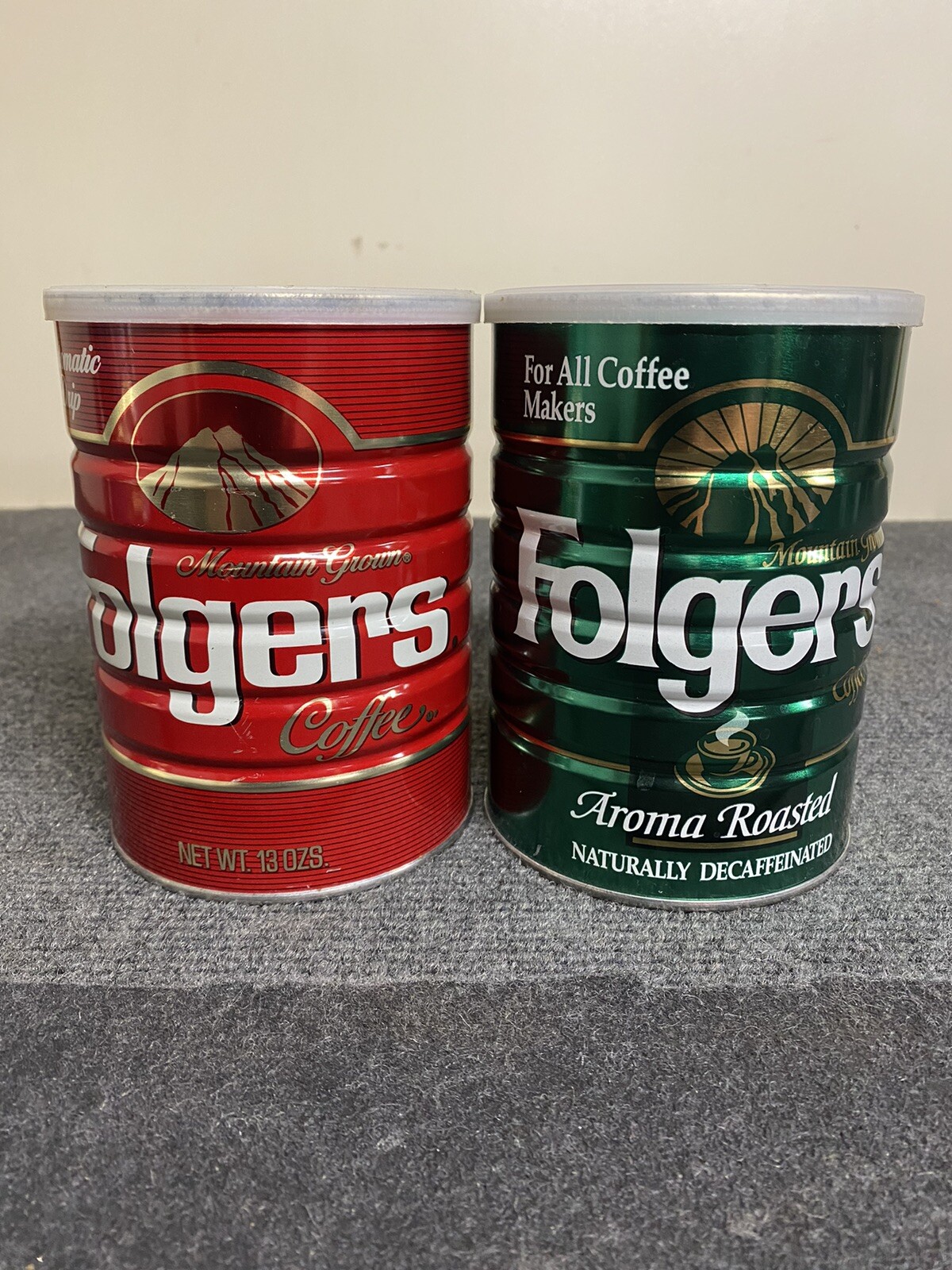 1993 And 1984 13 OZ Folgers Coffee Tin Can 1 Red 1 Green Aroma