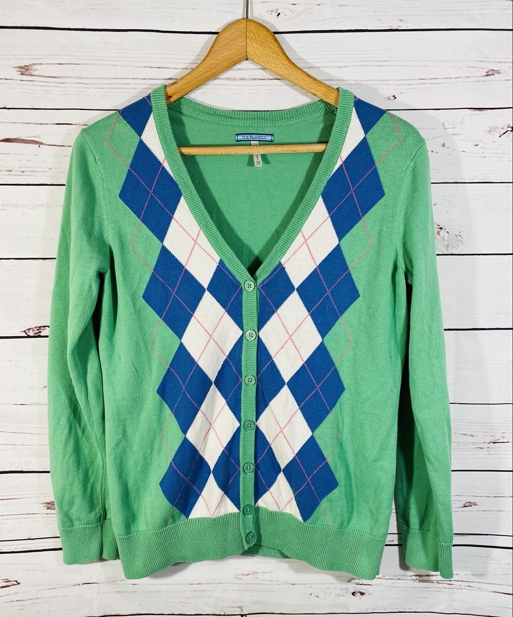 G H Bass Cardigan Womens Sz Medium Green Argyle Diamond Classic Career  Sweater