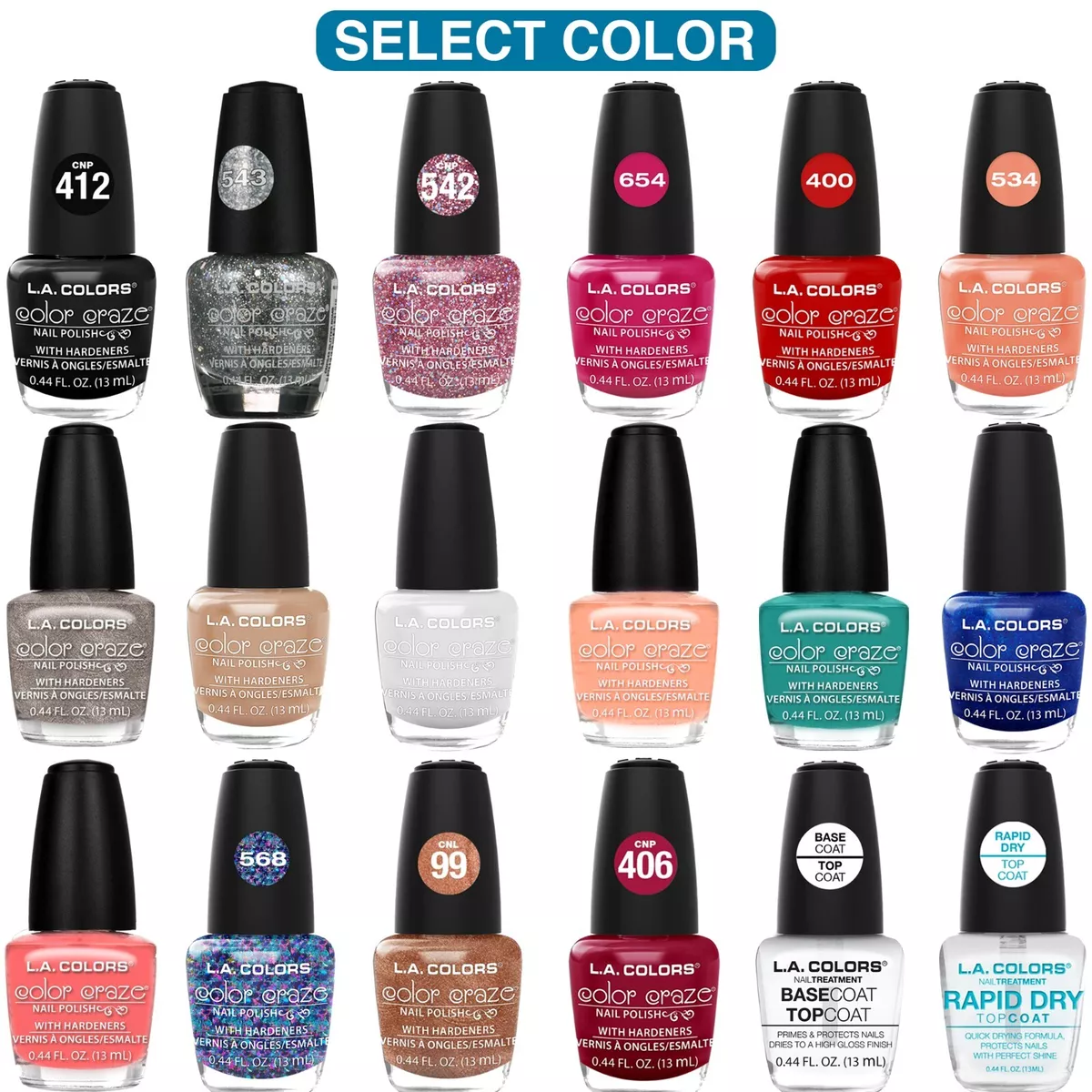 L.A. COLORS Color Craze Nail Polish SELECT COLOR Fun Flirty Shades .44 FL OZ
