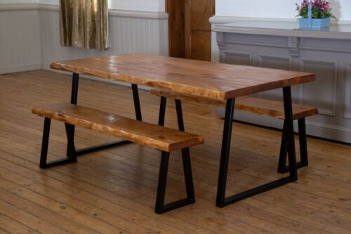Live Edge dining table and benches rustic finish with metal frames  - Picture 1 of 7
