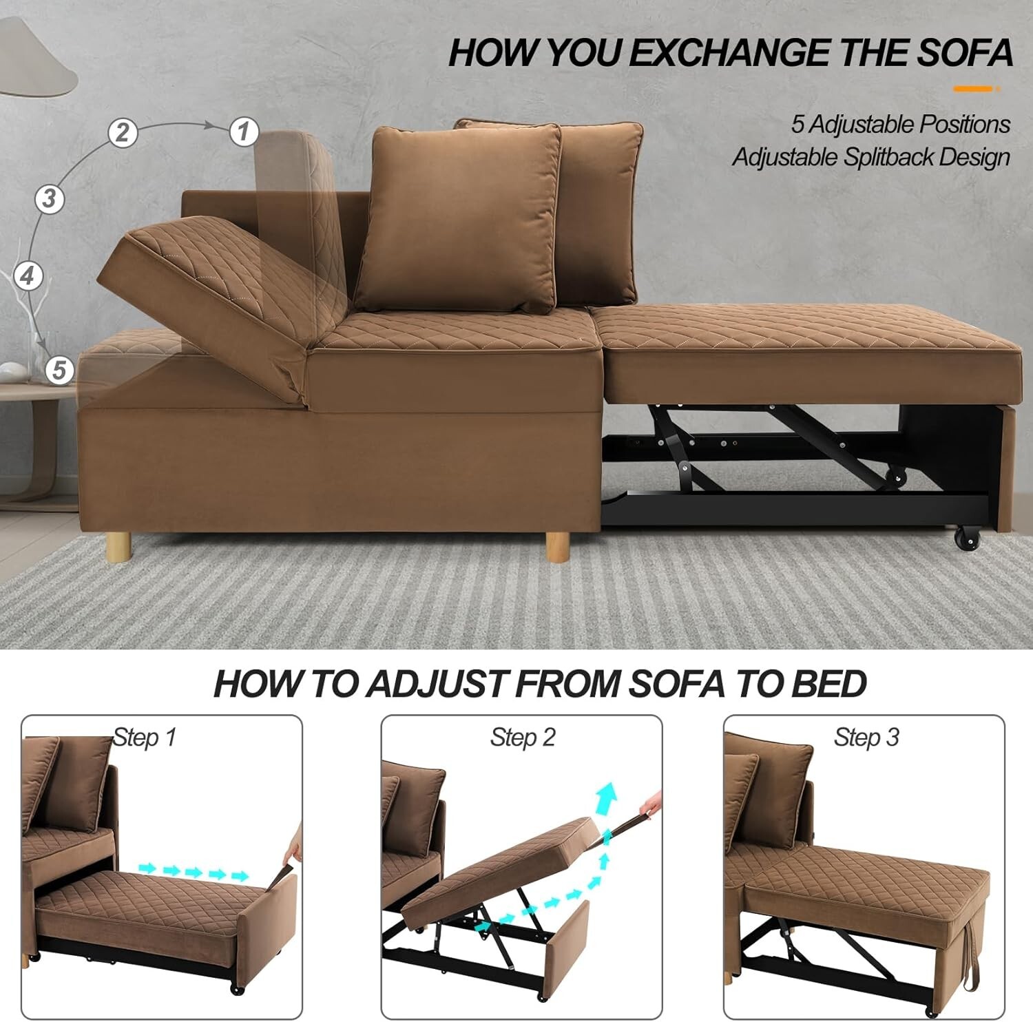 4in1 Convertible Sleeper Sofa with 5 Level Adjustable Backrest Velvet